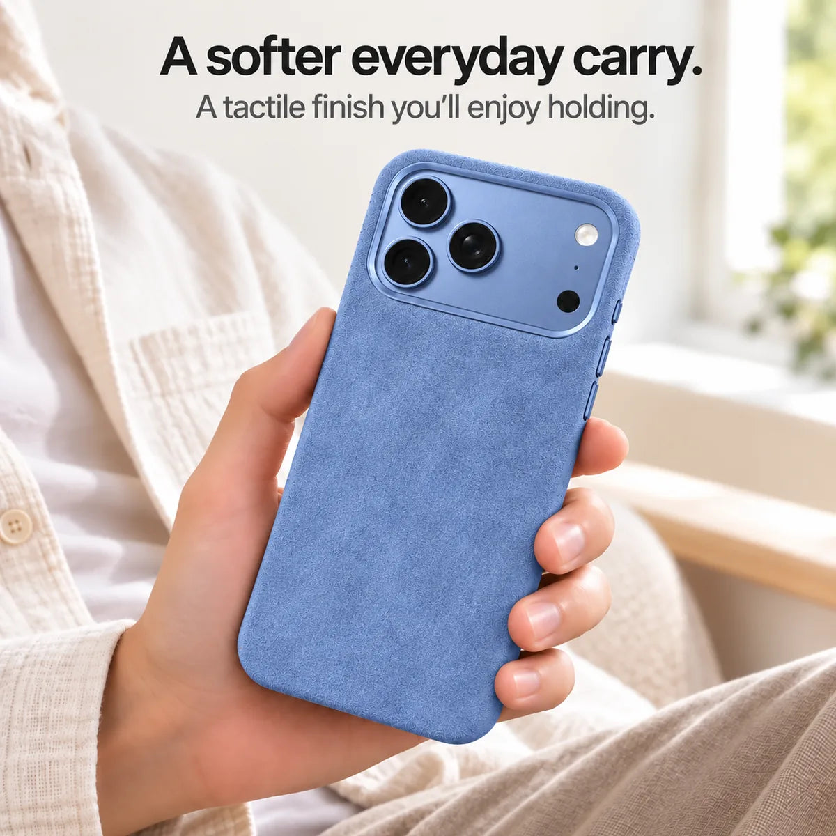 Light blue fabric phone case held in one hand, showing its textured back. #color_Glacier