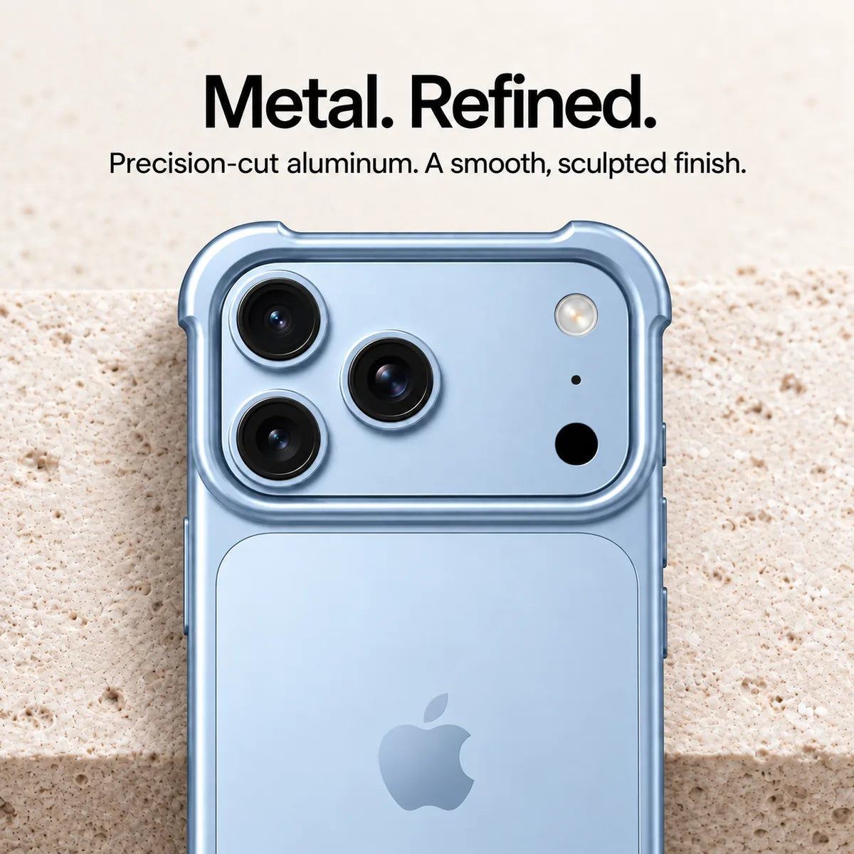 Light blue metal phone bumper in a close-up of the sculpted camera surround #color_Glacier