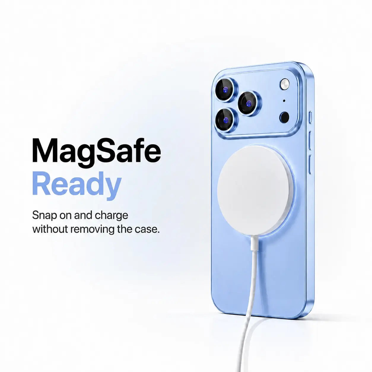 Light blue metal phone case attached to a round white magnetic wireless charging puck #color_Light Blue