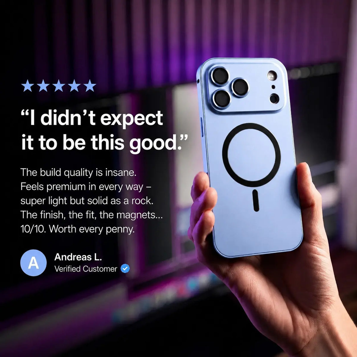 Light blue metal magnetic phone case held beside a purple-lit desk with a customer review quote #color_Light Blue