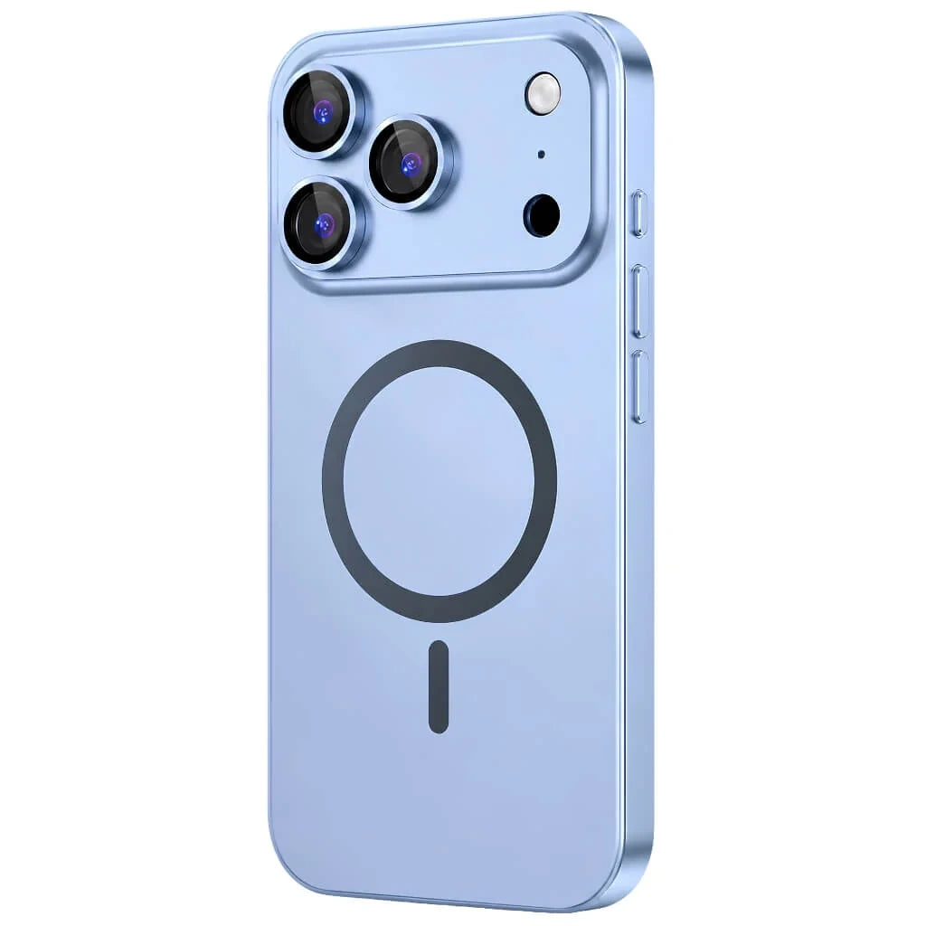 Light blue metal magnetic phone case in an upright rear detail view on a white background #color_Light Blue