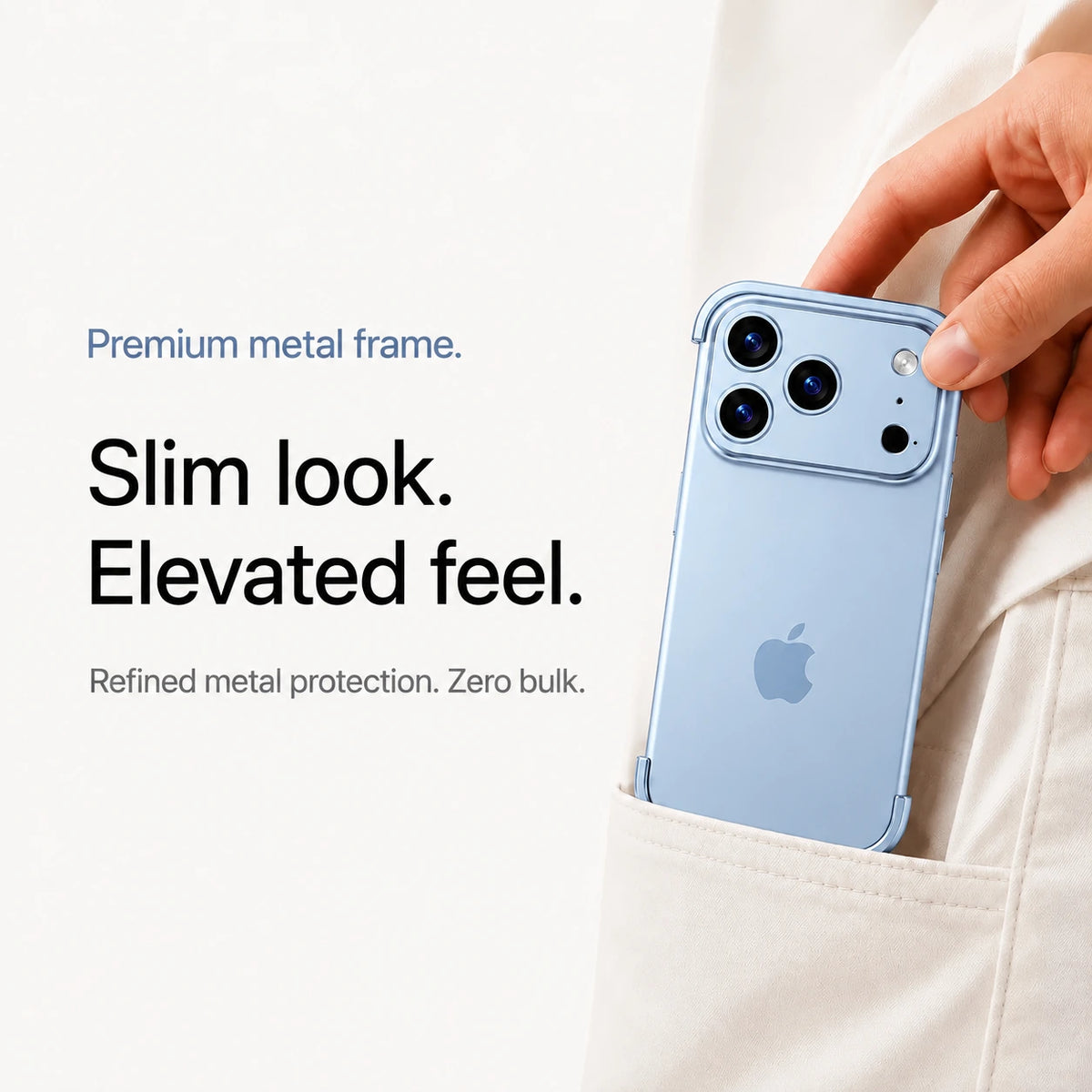 Glacier minimal metal phone case being placed in a light fabric pocket #color_Glacier