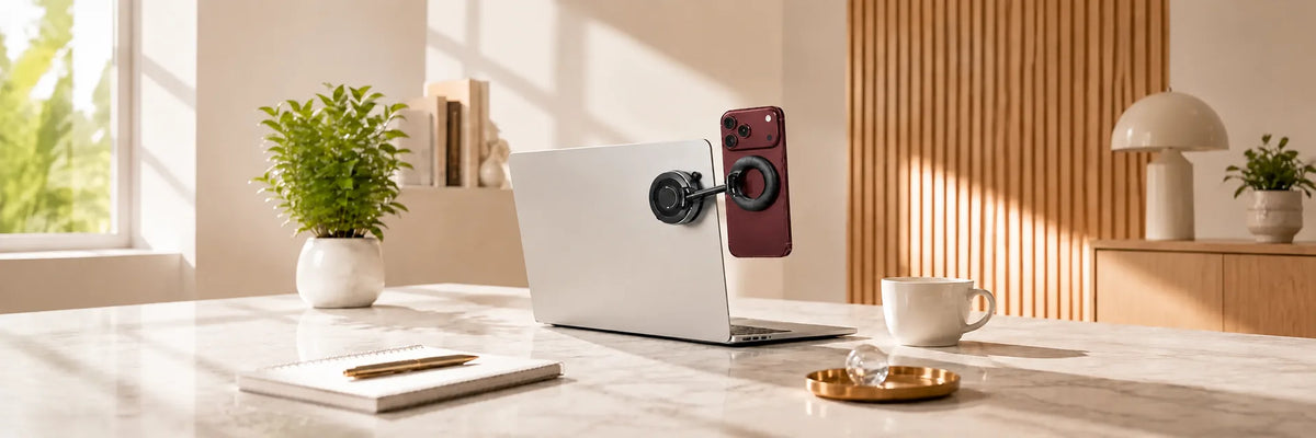 Black magnetic laptop phone mount holding a burgundy phone.