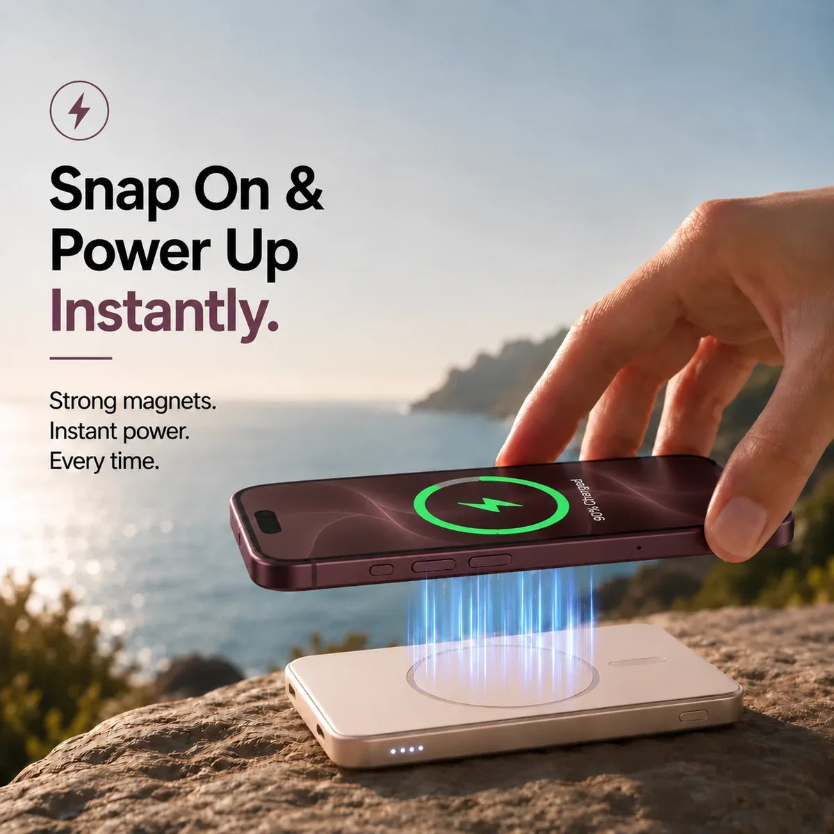 Titanium Stone Gray slim magnetic power bank with magnetic charging alignment. #color_Titanium Stone Gray