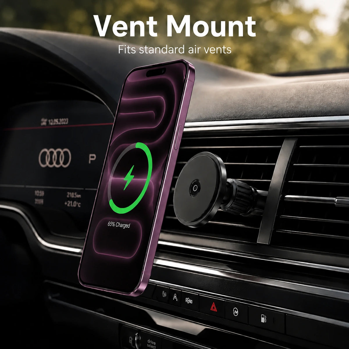 Midnight Black magnetic car charger on a standard air vent #color_Midnight Black