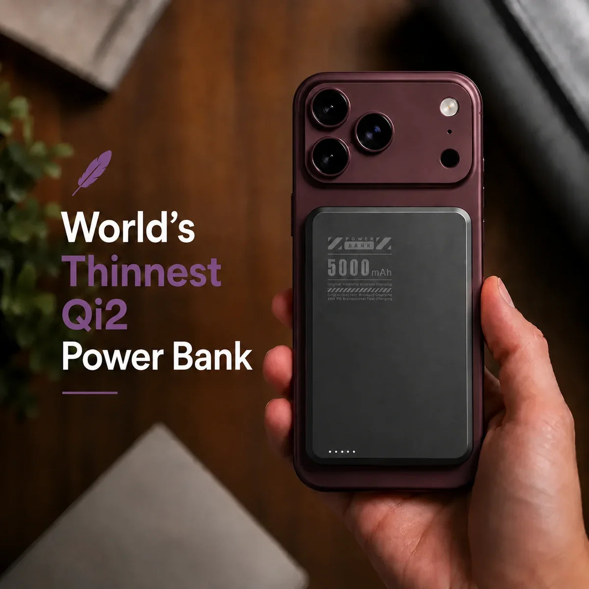 Midnight Black slim magnetic power bank held on a Burgundy phone. #color_Midnight Black