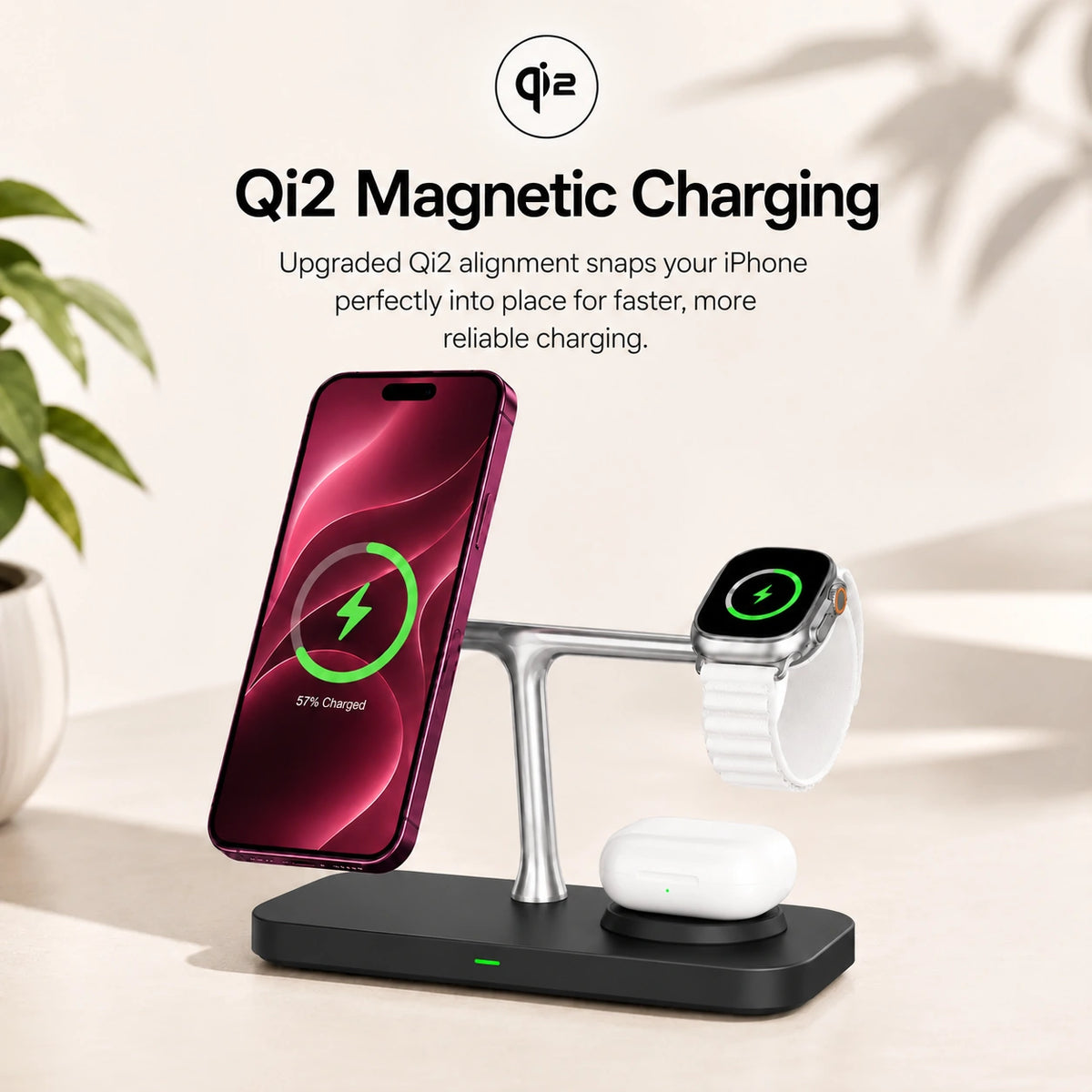 Midnight Black three device wireless charging station holding a Burgundy phone magnetically. #color_Midnight Black