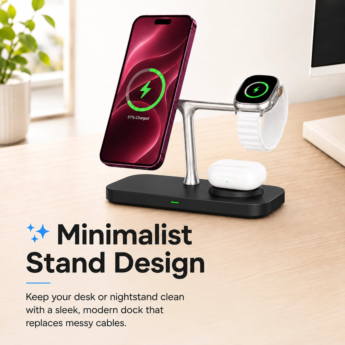 Midnight Black three device wireless charging station on a minimalist desk. #color_Midnight Black
