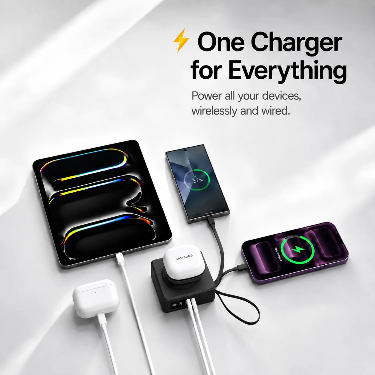 Midnight Black travel power bank charging several devices #color_Midnight Black