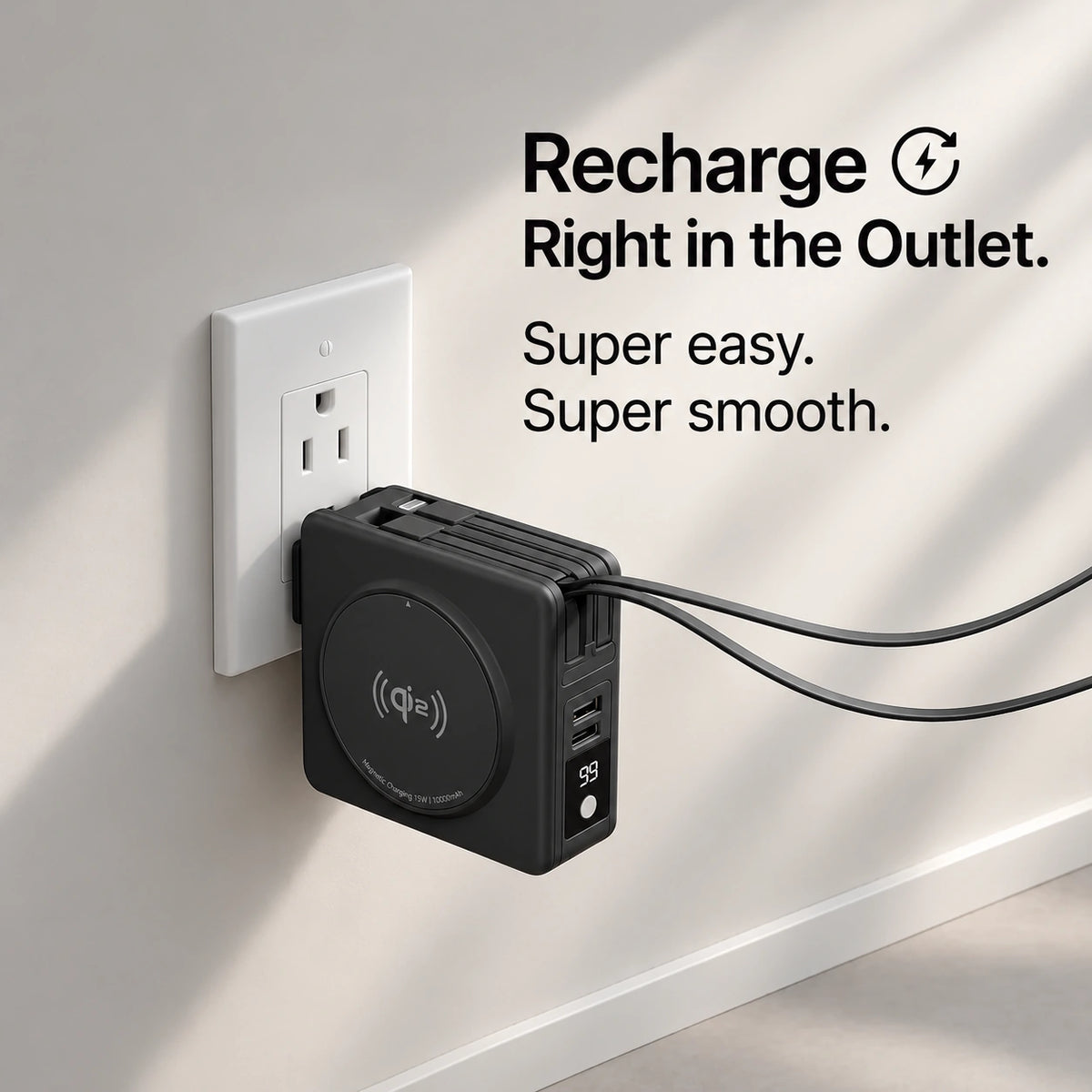 Midnight Black travel power bank recharging from a wall outlet #color_Midnight Black