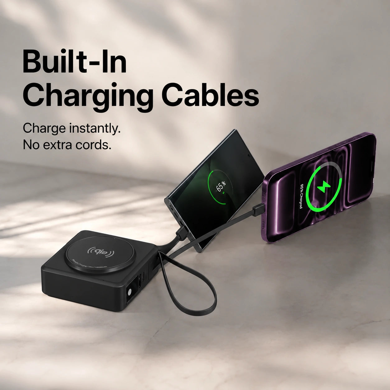 Midnight Black travel power bank using built in charging cables #color_Midnight Black