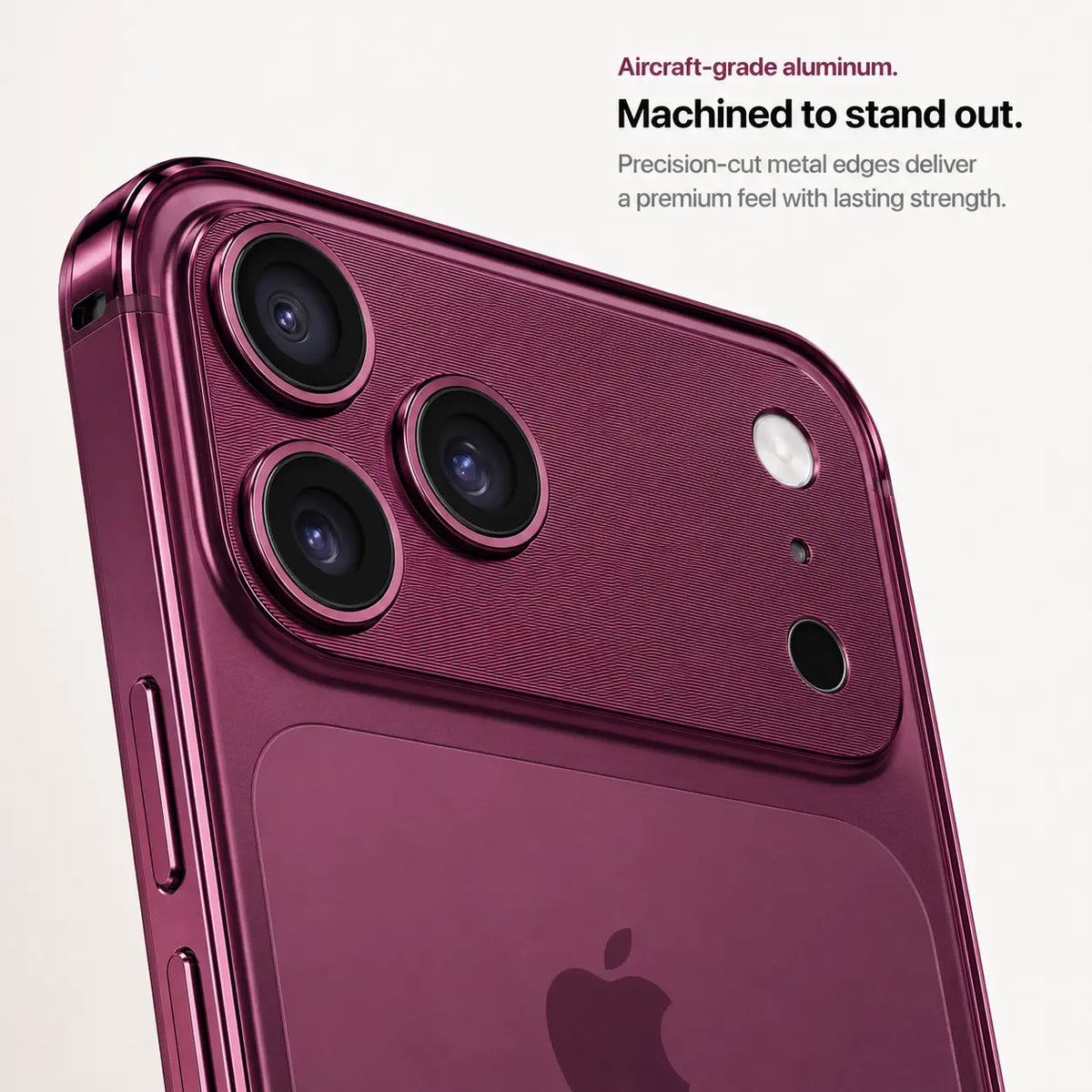 Burgundy aluminum bumper phone case in a close-up of its machined camera edge #color_Cherry Red