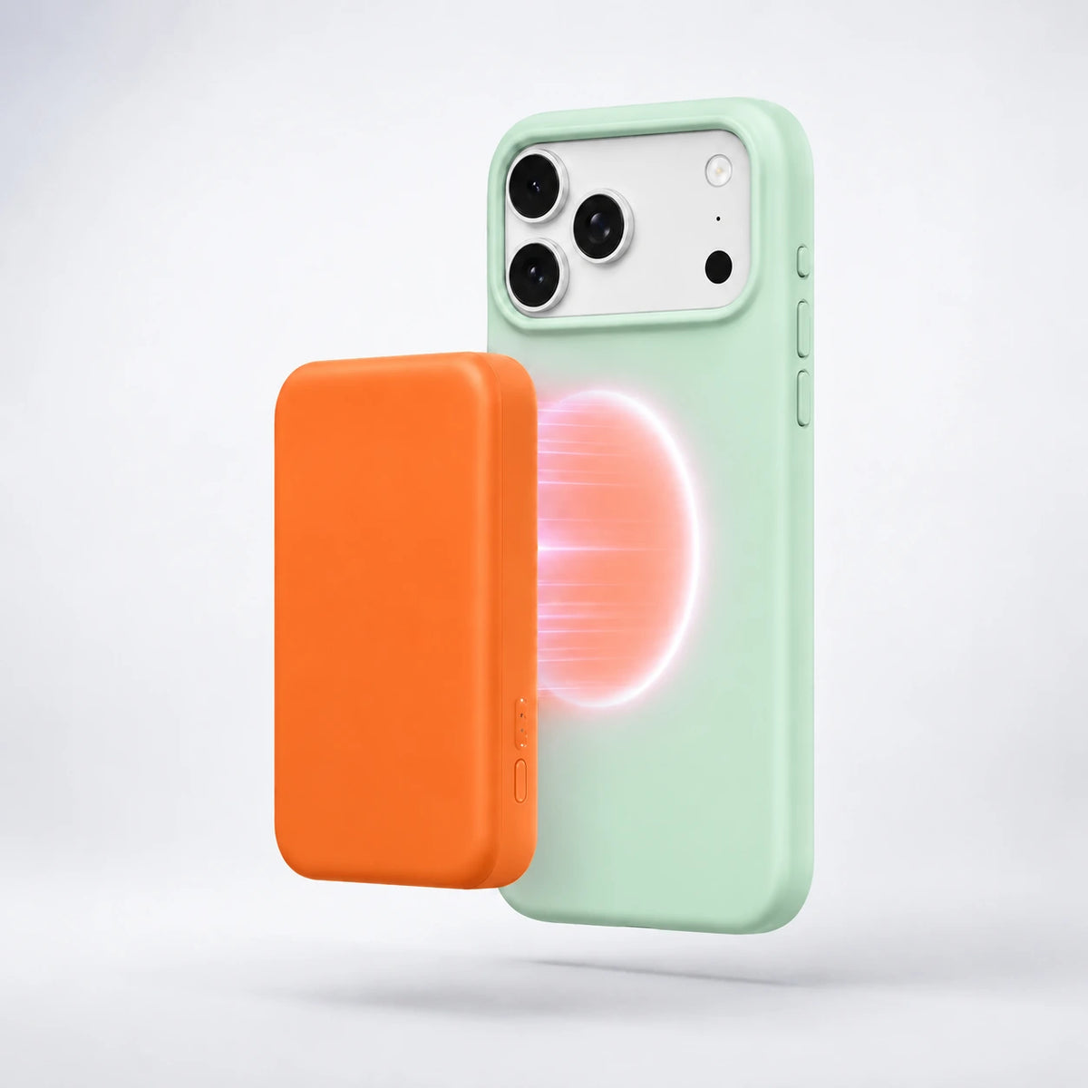 Mint green silicone phone case with an orange wireless battery pack #color_Mint Green