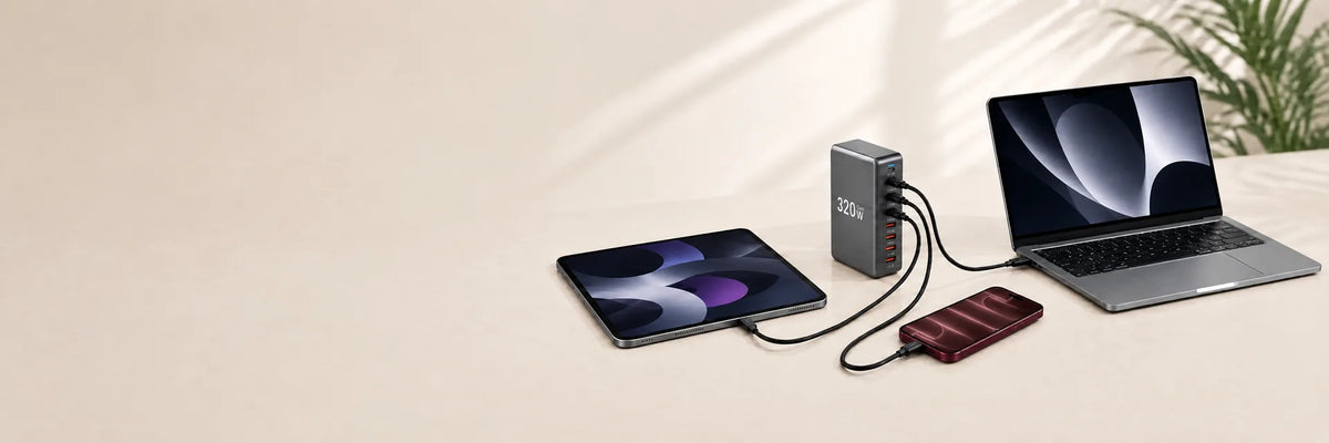 Multi-port USB-C charging hub connected to a phone, tablet and laptop.