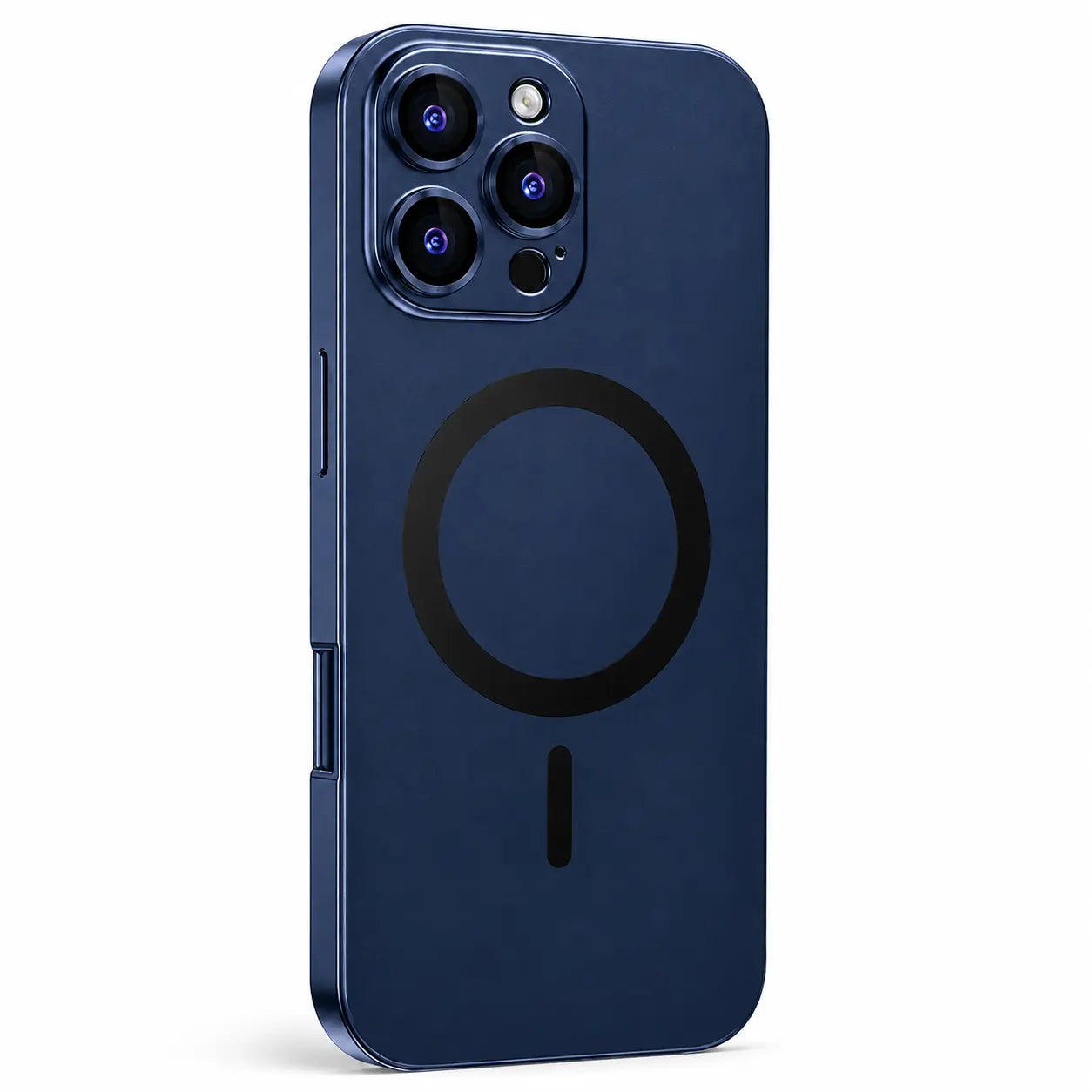 Navy blue metal magnetic phone case with three camera openings shown from the back on white #color_Deep Blue