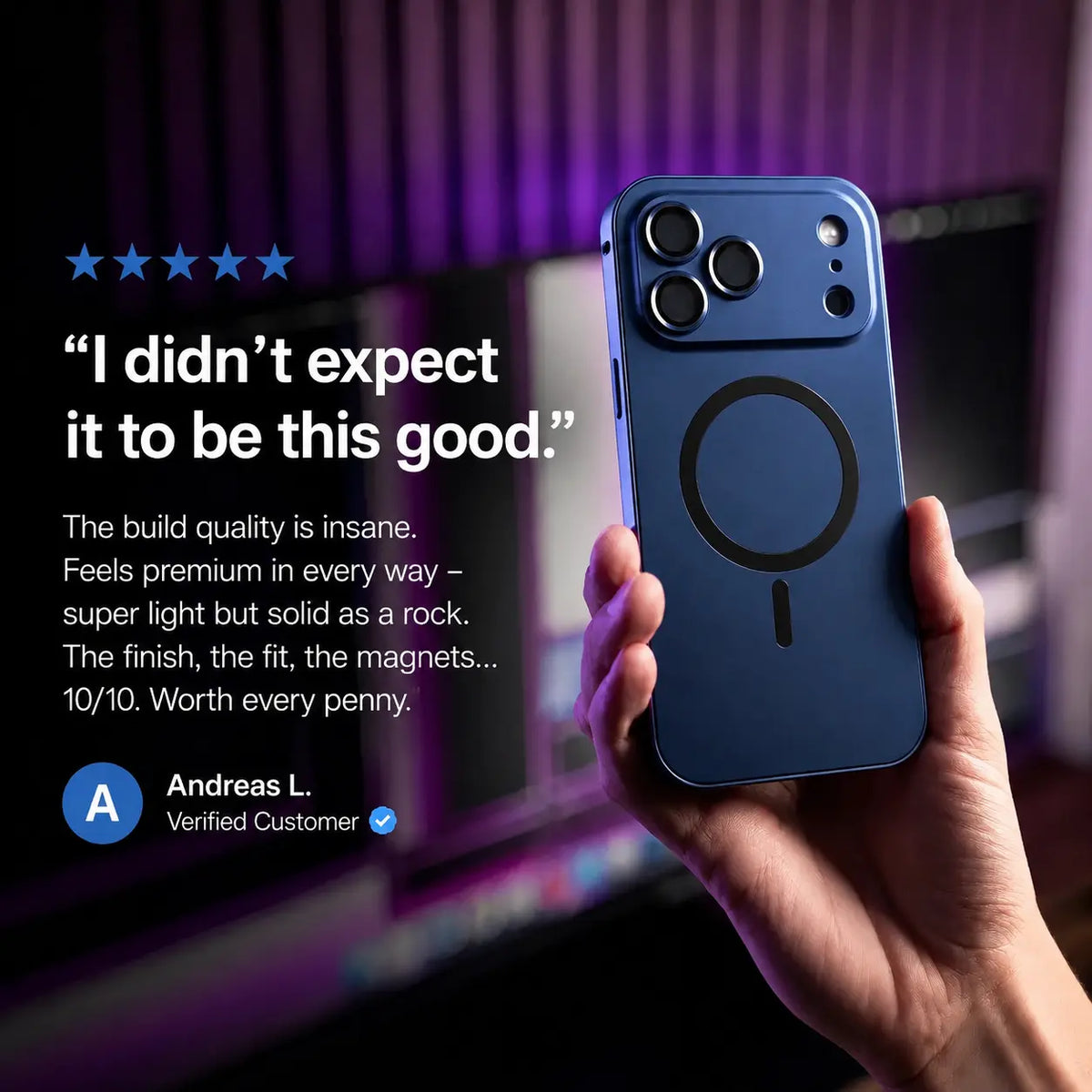 Navy blue metal magnetic phone case held beside a purple-lit desk with a customer review quote #color_Deep Blue