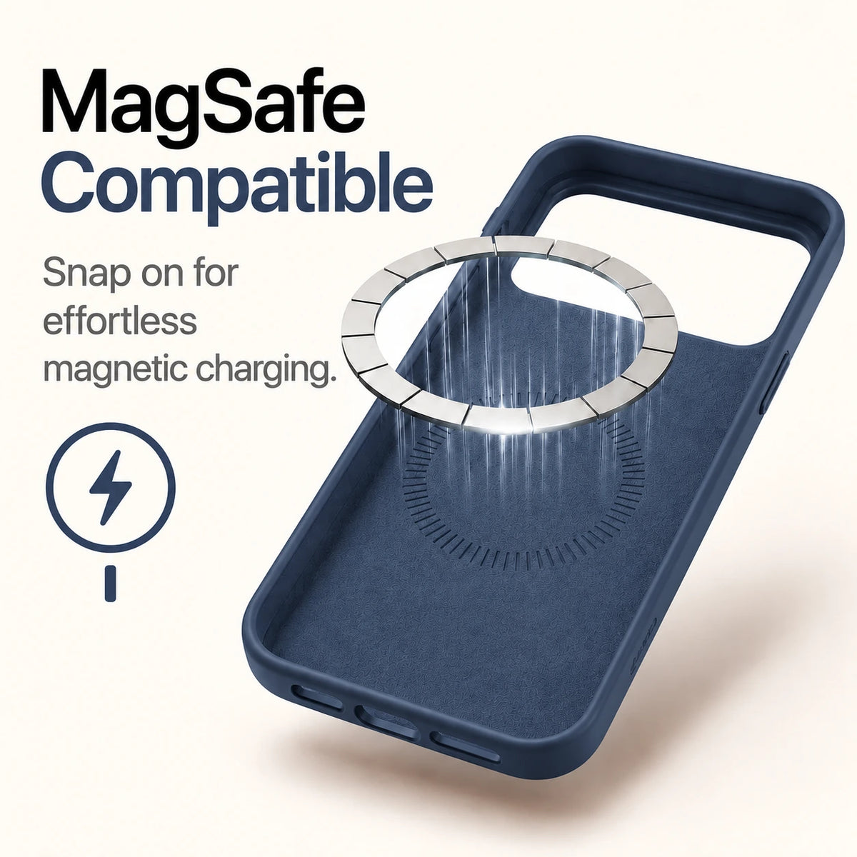 Navy blue silicone phone case showing the soft interior and magnetic charging ring #color_Deep Blue
