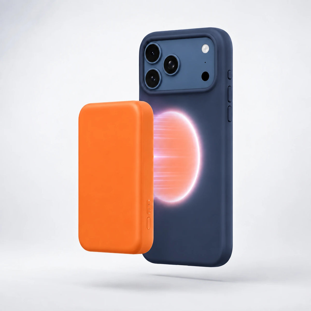 Navy blue silicone phone case with an orange wireless battery pack #color_Deep Blue