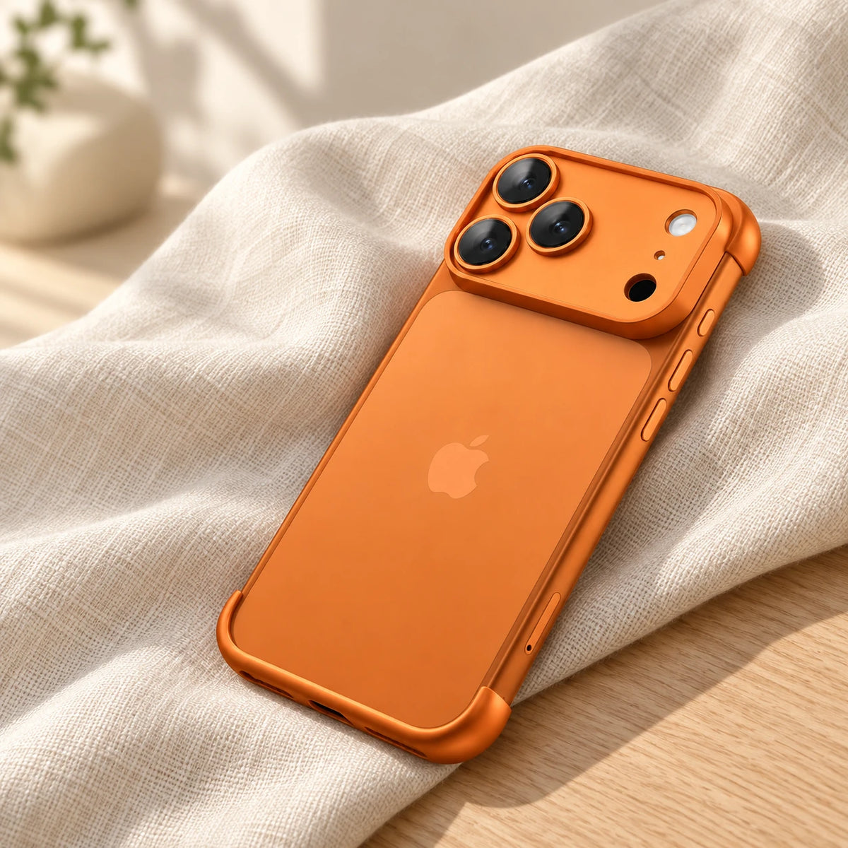 Orange phone resting face down, showing its exposed back, open sides and thin lower bumper.