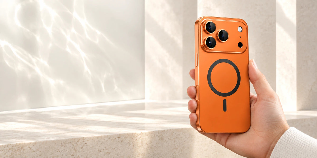 Orange aluminum phone case held above a pale sculpted stone surface in a softly lit architectural interior.