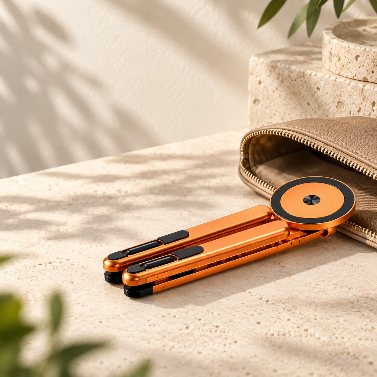 Folded orange aluminum device stand beside an open travel pouch.