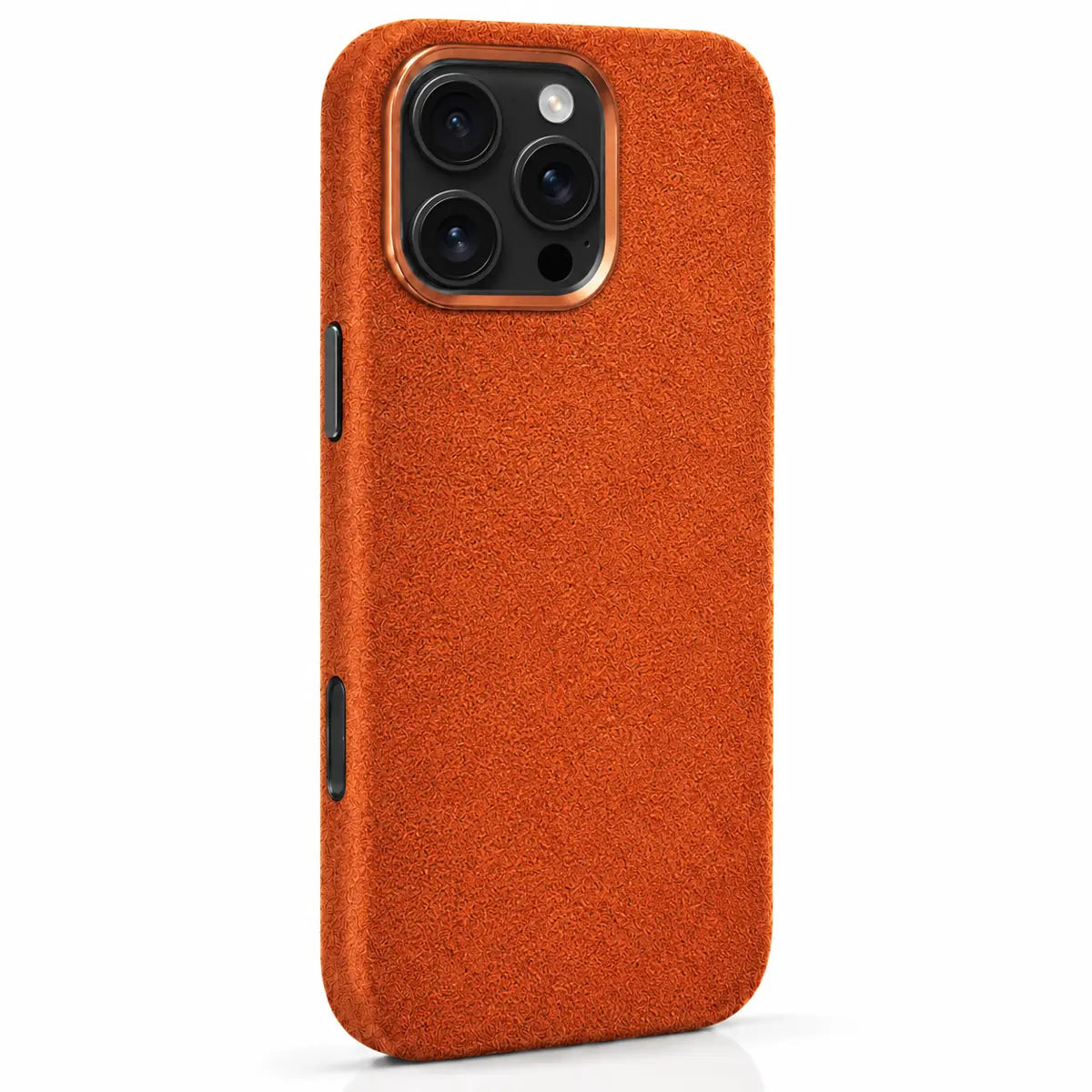 Orange fabric phone case with a compact square camera opening and copper-orange rim. #color_Cosmic Orange