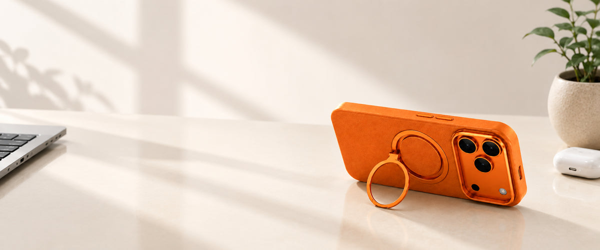 Orange leather iPhone case resting horizontally on its folding ring stand on a light desk.