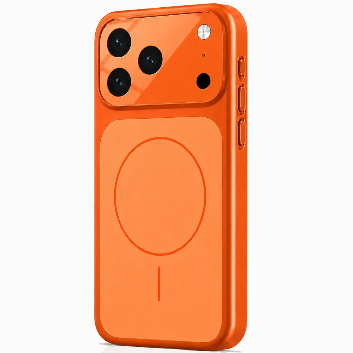 Orange magnetic phone case with a matte back and raised camera cover on a white background #color_Cosmic Orange