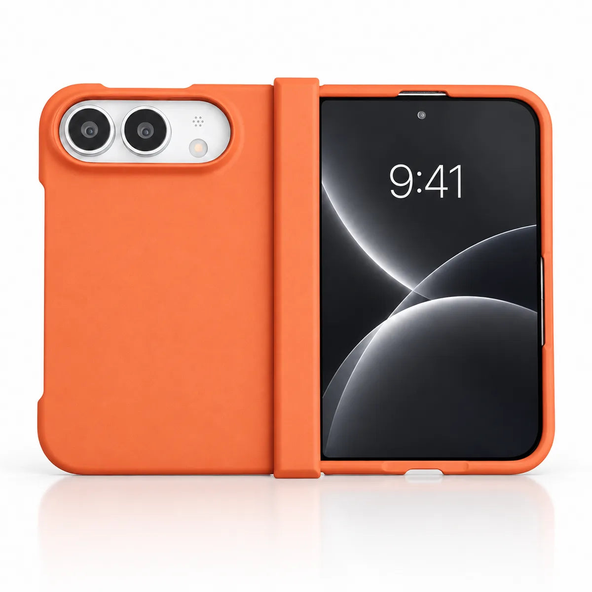 Orange matte case on a silver iPhone Ultra, showing the rear cover, matching outer display frame and hinge cover on white. #color_Sunset Orange