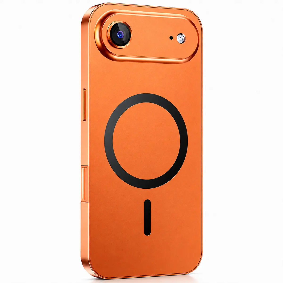 Orange metal magnetic phone case with a single camera opening shown from the back on white #color_Cosmic Orange