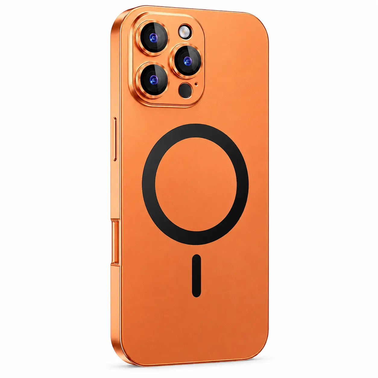 Orange metal magnetic phone case with three camera openings shown from the back on white #color_Cosmic Orange
