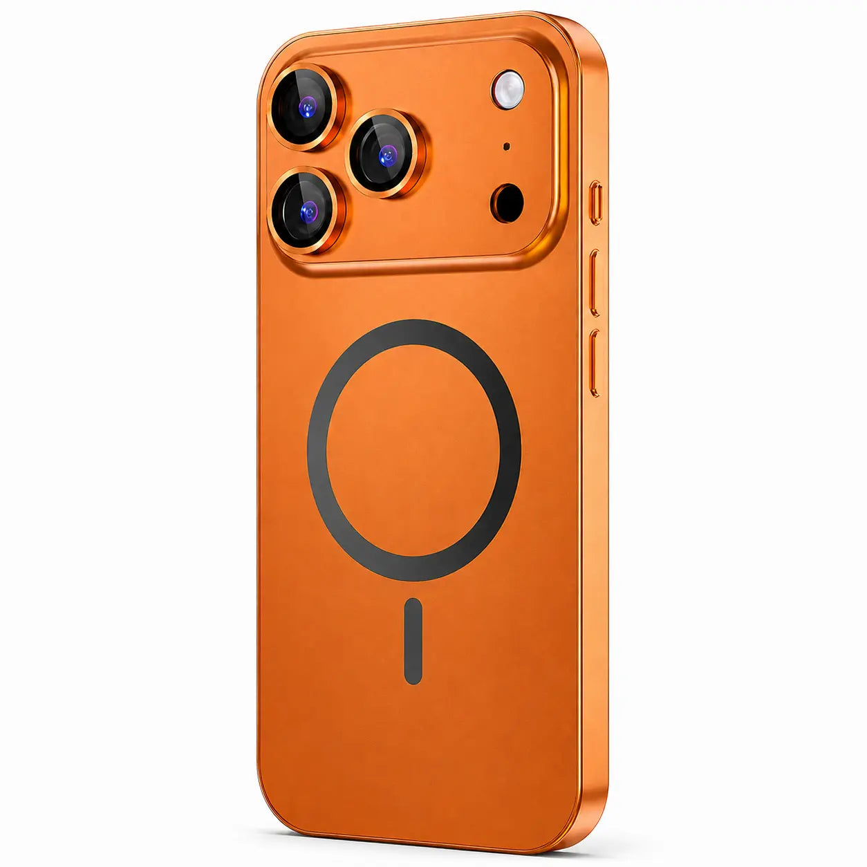 Orange metal magnetic phone case in an upright rear detail view on a white background #color_Cosmic Orange