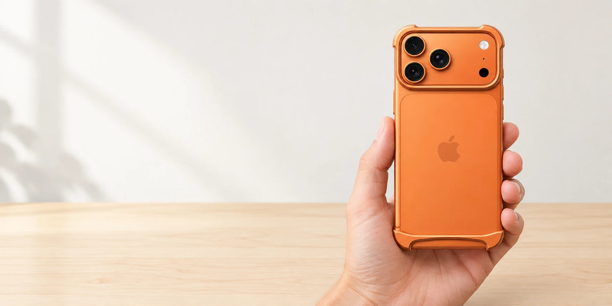 Hand holding an orange phone with its original aluminum camera surround and curved lower guard.