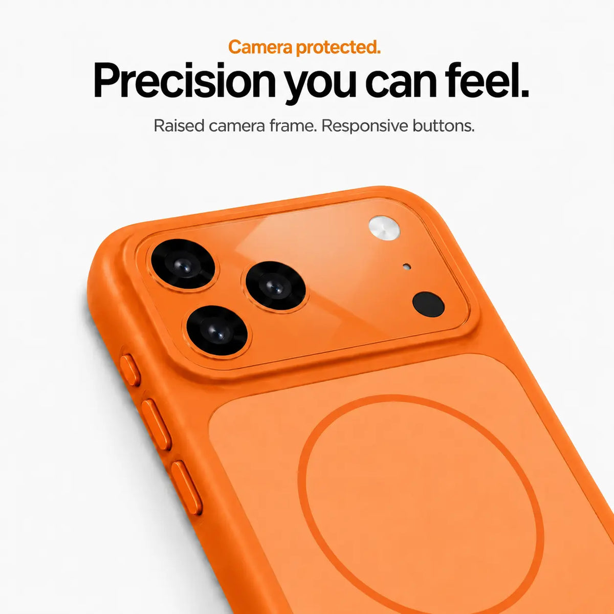 Orange protective phone case close-up showing the raised camera frame and side buttons #color_Cosmic Orange