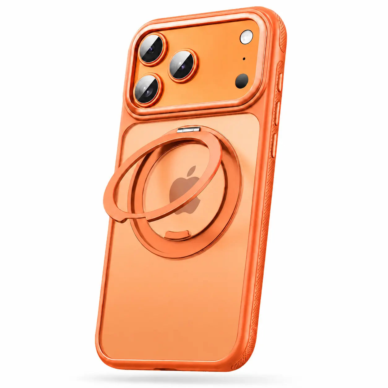 Orange magnetic phone case with an open adjustable metal ring stand, shown from the rear #color_Cosmic Orange