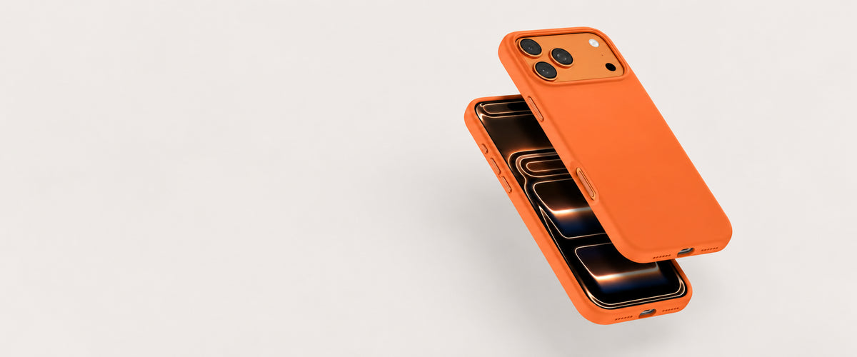 Orange silicone iPhone case shown from the front and back on a light studio background.