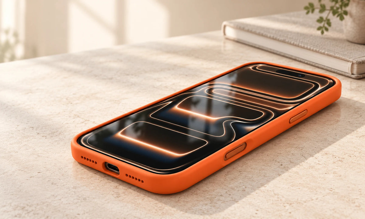 Low side view of an orange silicone phone case showing its slim fit around the screen and buttons.