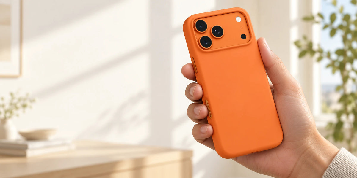 Orange silicone phone case held in one hand, showing its smooth back and slim edges.
