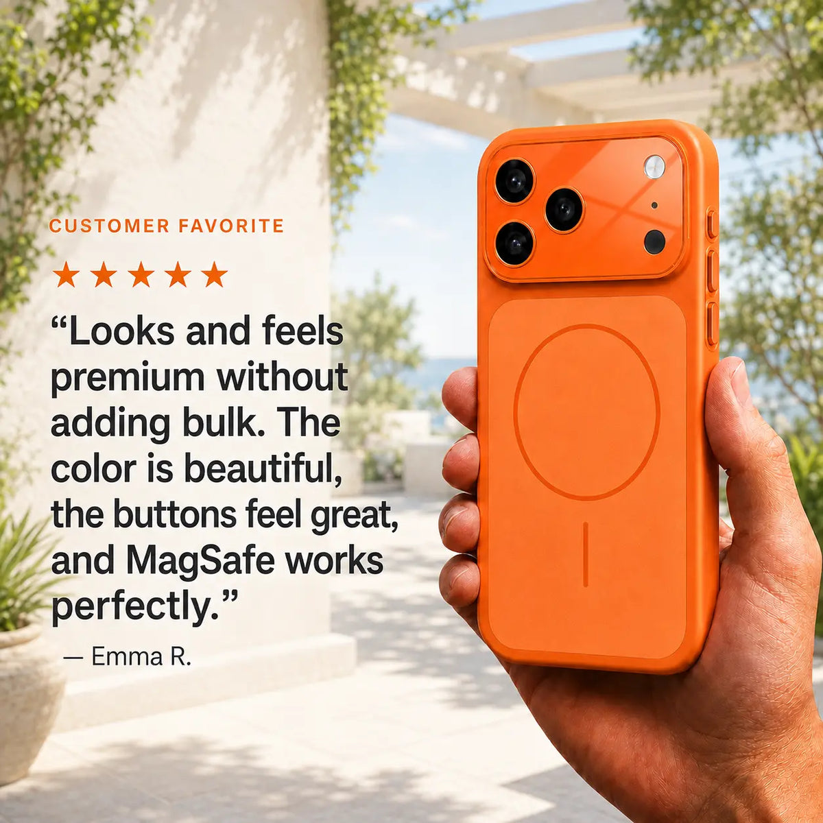 Orange slim protective phone case held on a sunny patio beside customer feedback #color_Cosmic Orange
