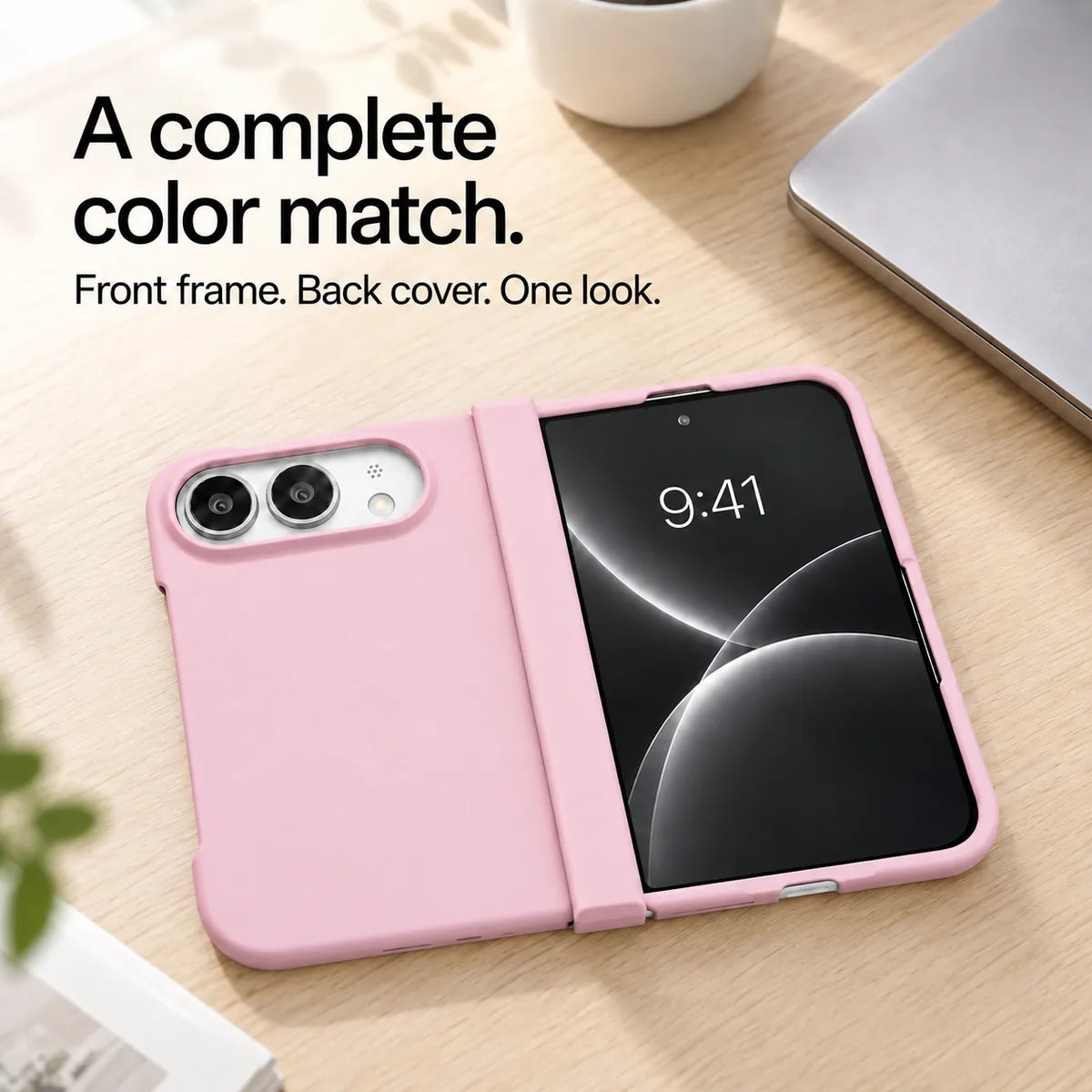 Pink matte iPhone Ultra case open flat on a desk, showing coordinated front and back covers. #color_Petal Pink