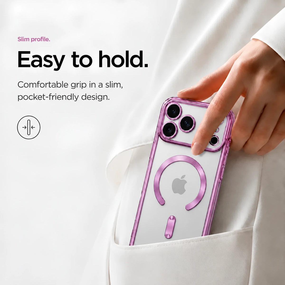 Pink slim phone case being placed in a white clothing pocket #color_Blush Pink