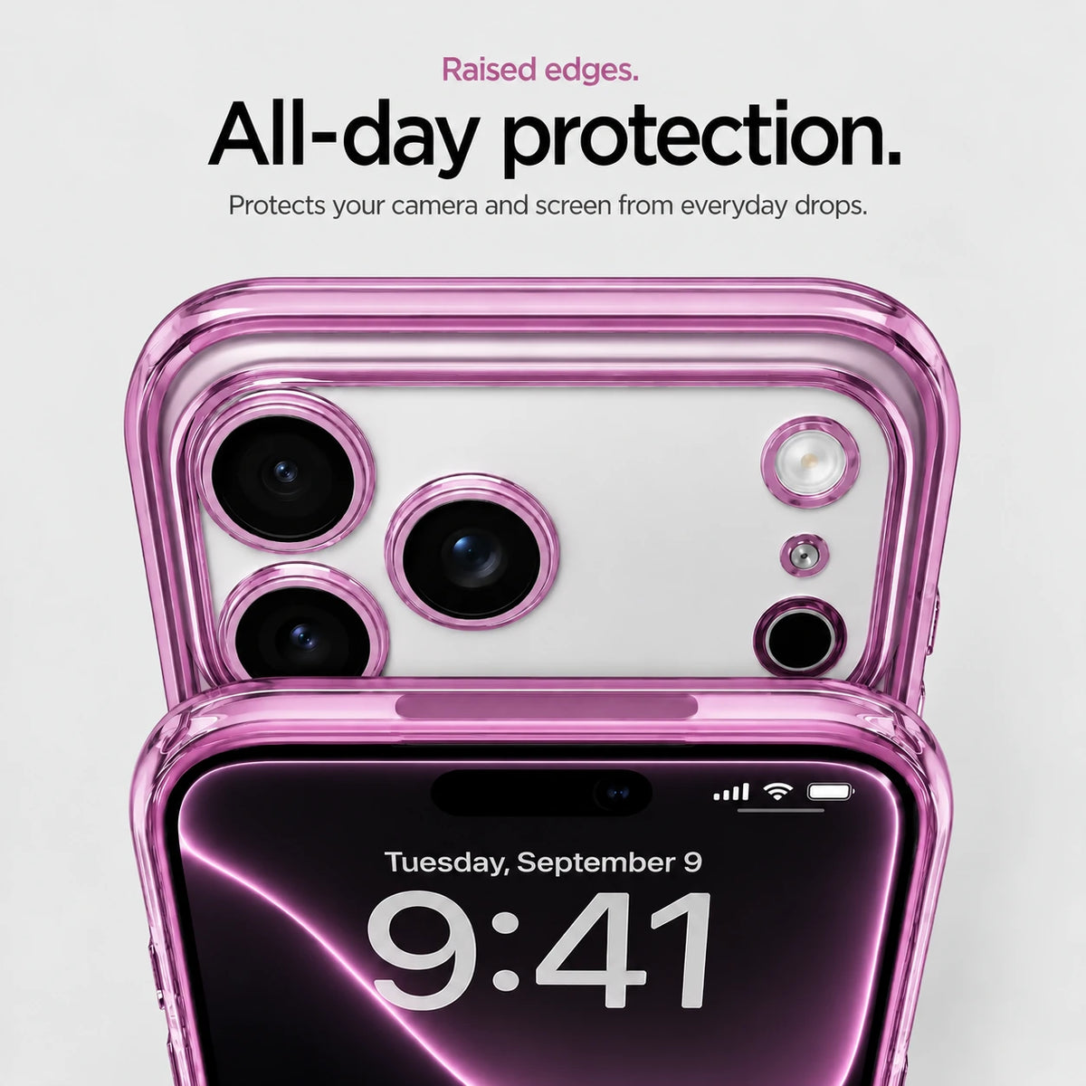 Pink tinted phone case in close-up showing raised camera and screen edges #color_Blush Pink