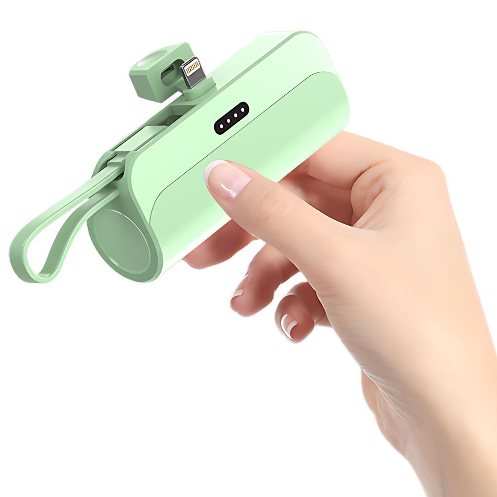 PowerBank Mini portable charger in multiple colors and capacities, compatible with USB-C and Lightning devices for Android and Apple, featuring a compact, lipstick-sized design with dual charging capability.