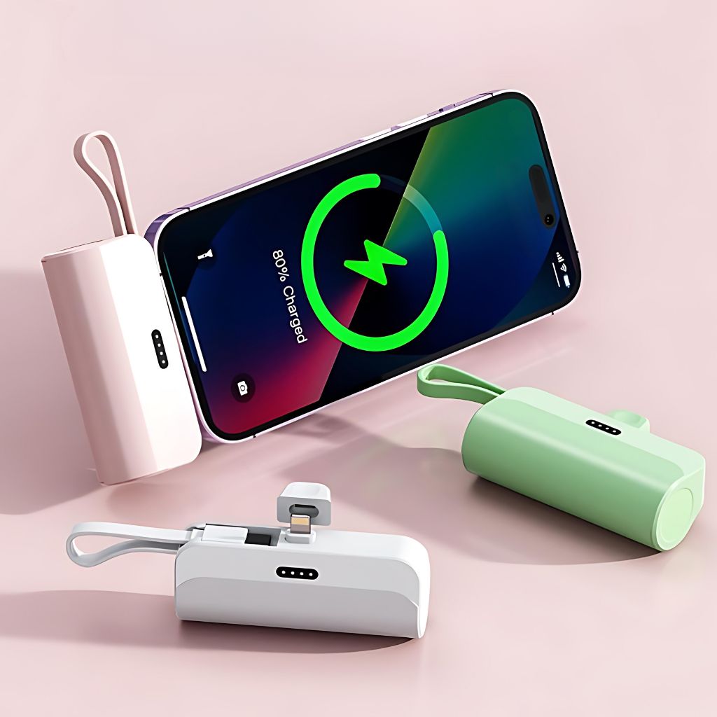 PowerBank Mini portable charger in multiple colors and capacities, compatible with USB-C and Lightning devices for Android and Apple, featuring a compact, lipstick-sized design with dual charging capability.