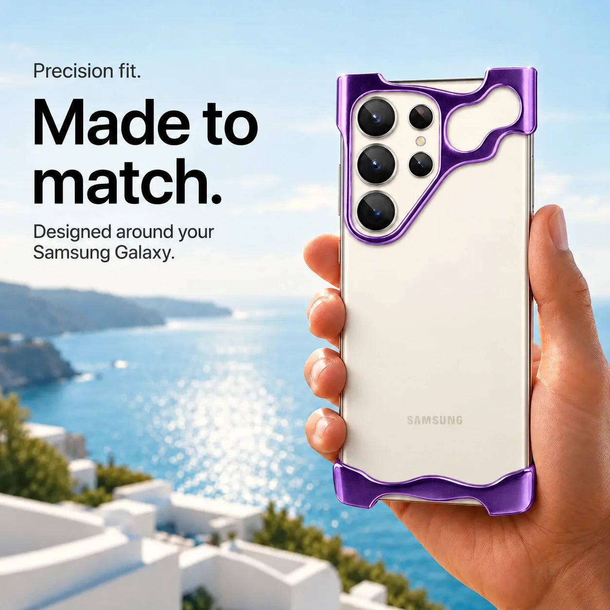Purple open metal phone bumper case held against a coastal background #color_Purple