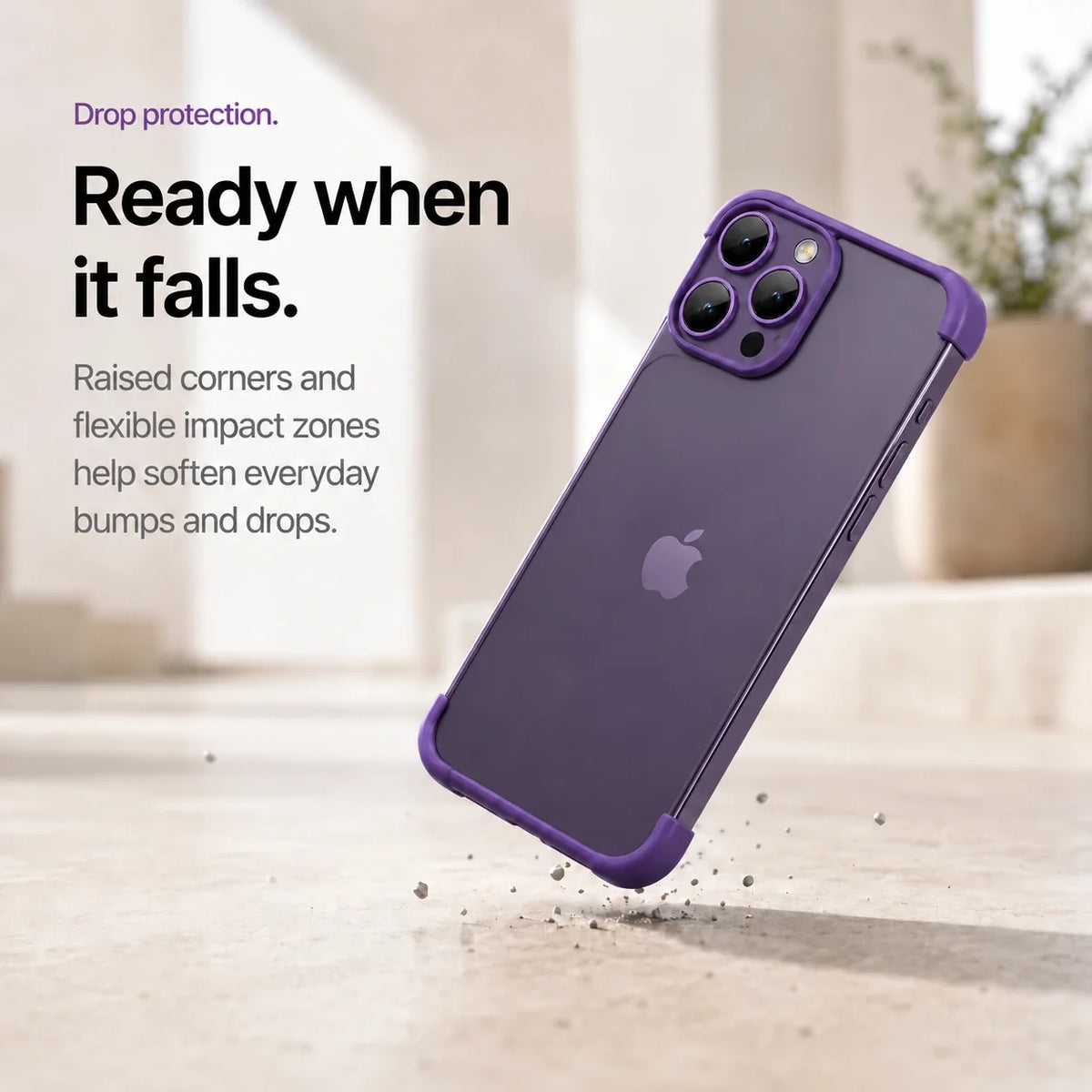 Purple phone bumper shown landing on a protected corner above a stone surface #color_Lavender