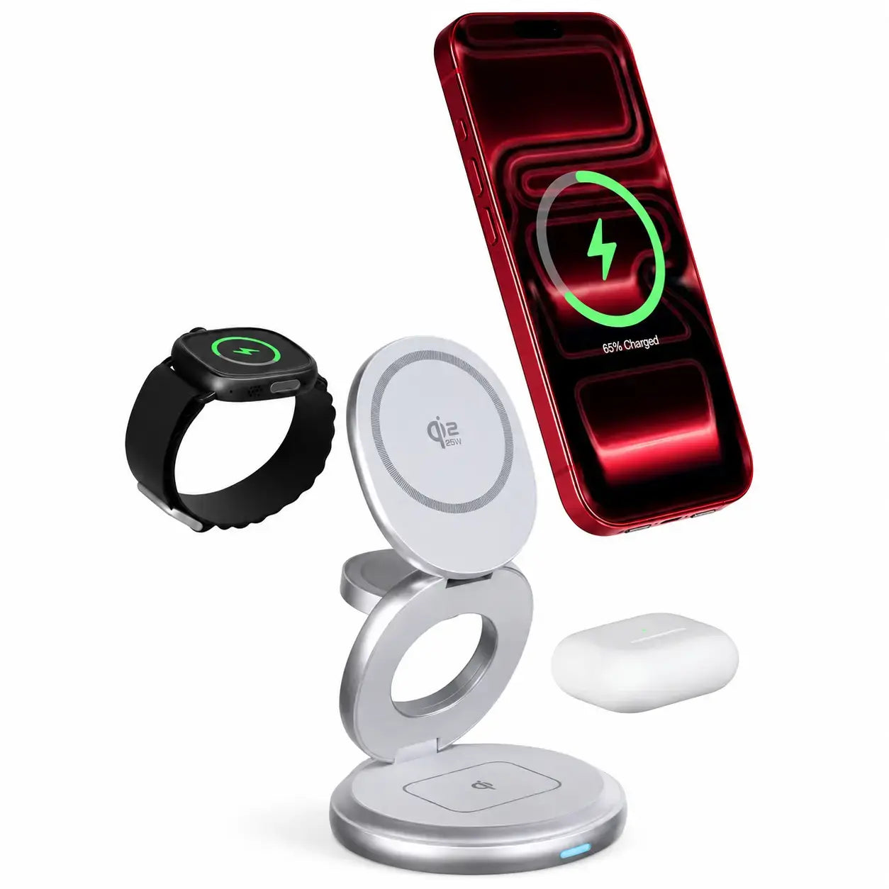 Compact Qi2 travel charging station with fold-flat design