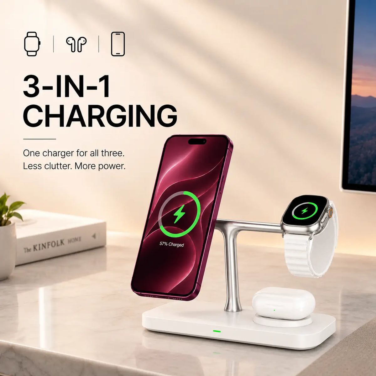Arctic White three device wireless charging station charging three devices together. #color_Arctic White