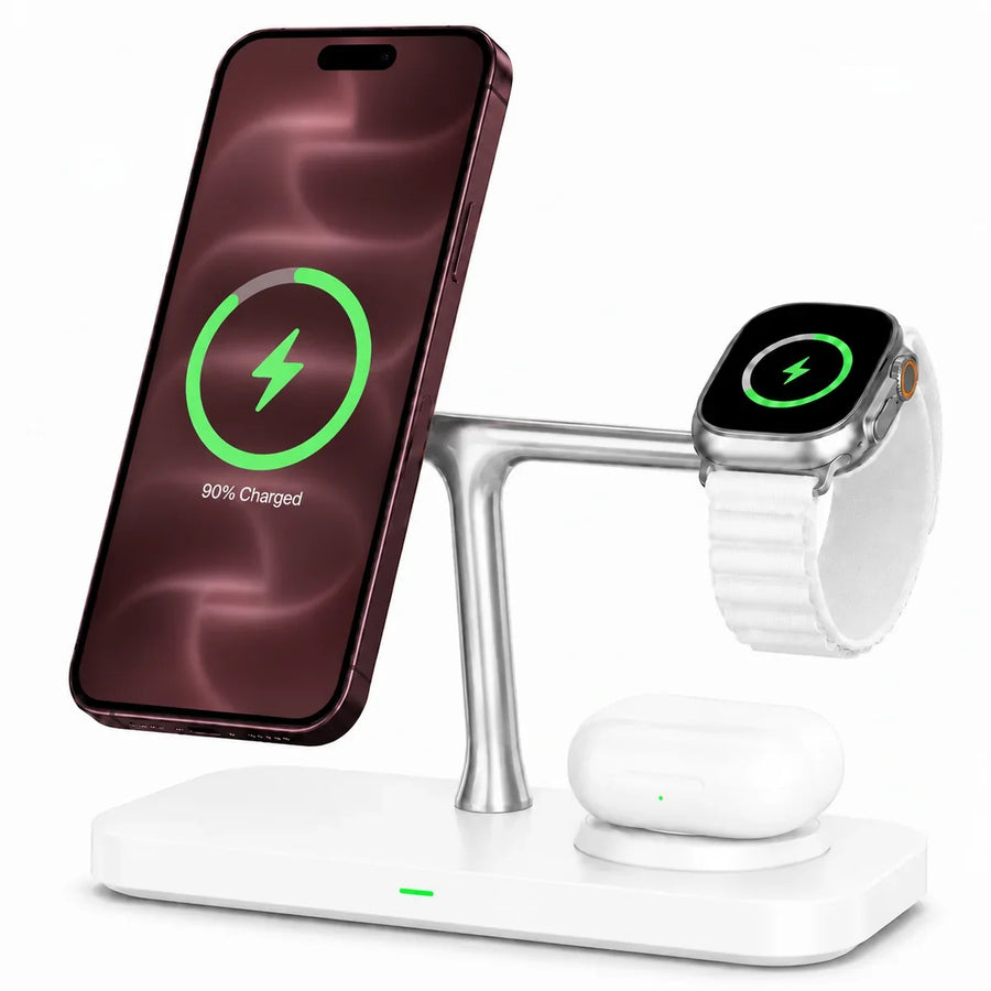 Arctic White three device wireless charging station with Burgundy phone watch and earbuds.
