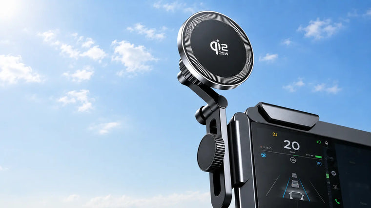 Qi2 25W MagSafe car mount charger wirelessly charging an iPhone